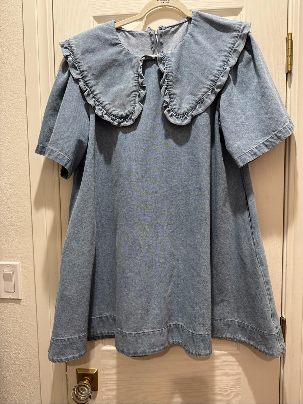 Light Wash Denim Dress with Ruffle Collar
